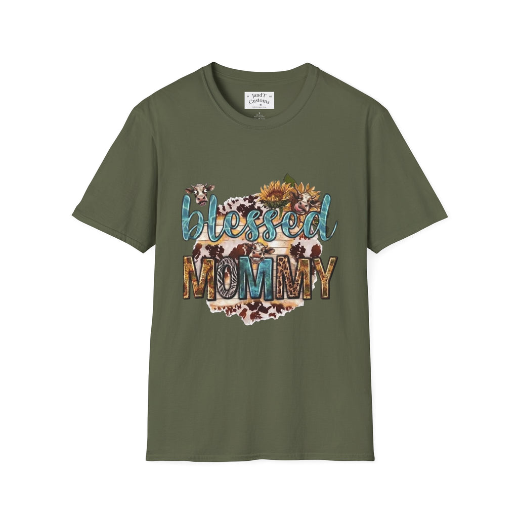 Blessed Mommy T‑Shirt — Floral Cowprint Mom Tee
