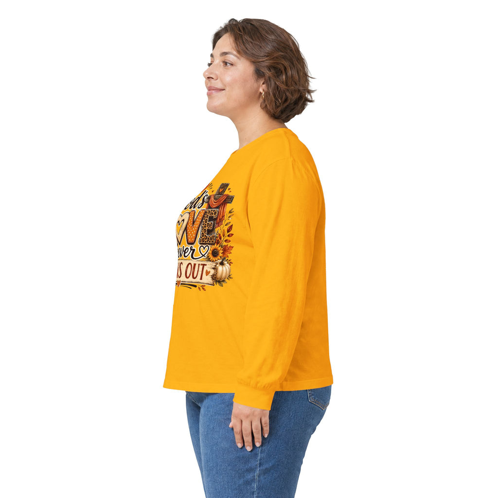 God's Love Never Runs Out Long Sleeve Tee — Fall Christian Thanksgiving Shirt