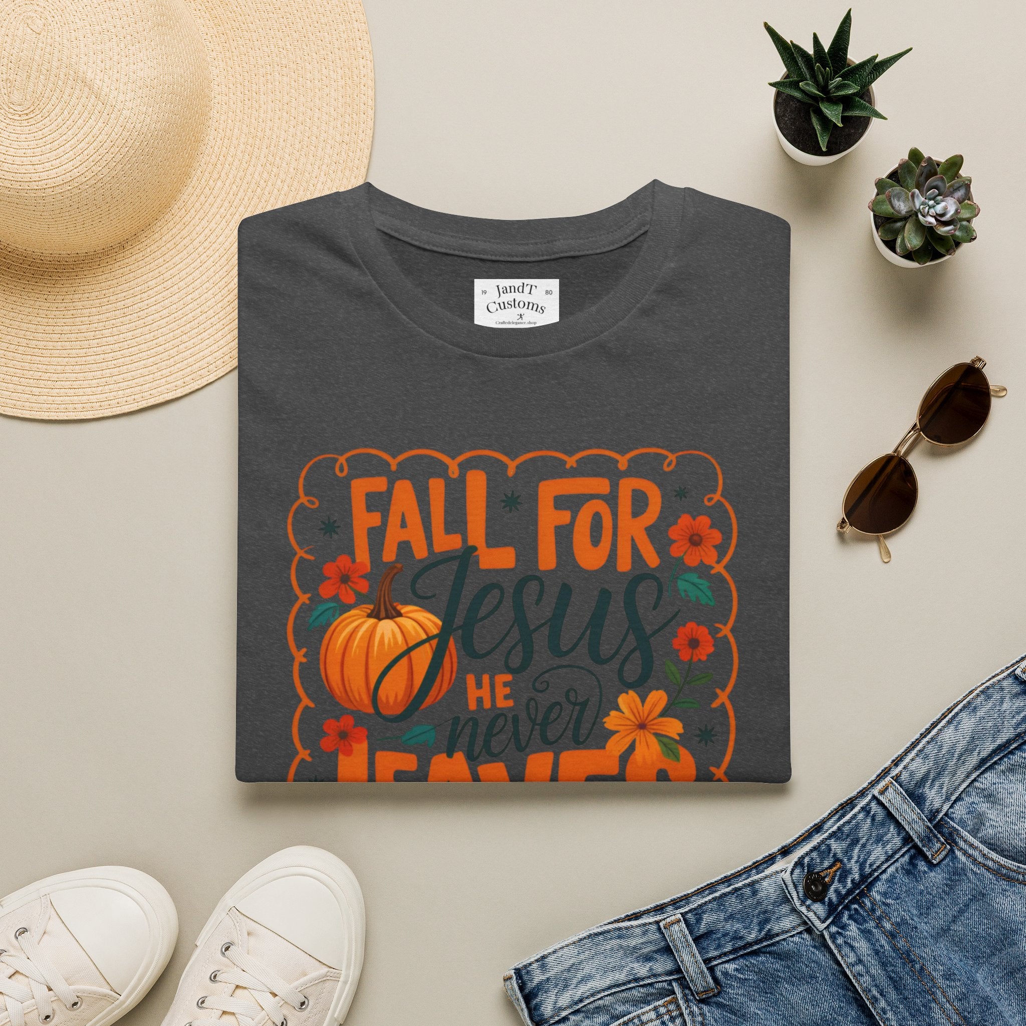 Fall For Jesus T-Shirt — Christian Autumn Pumpkin Tee ("He Never Leaves")