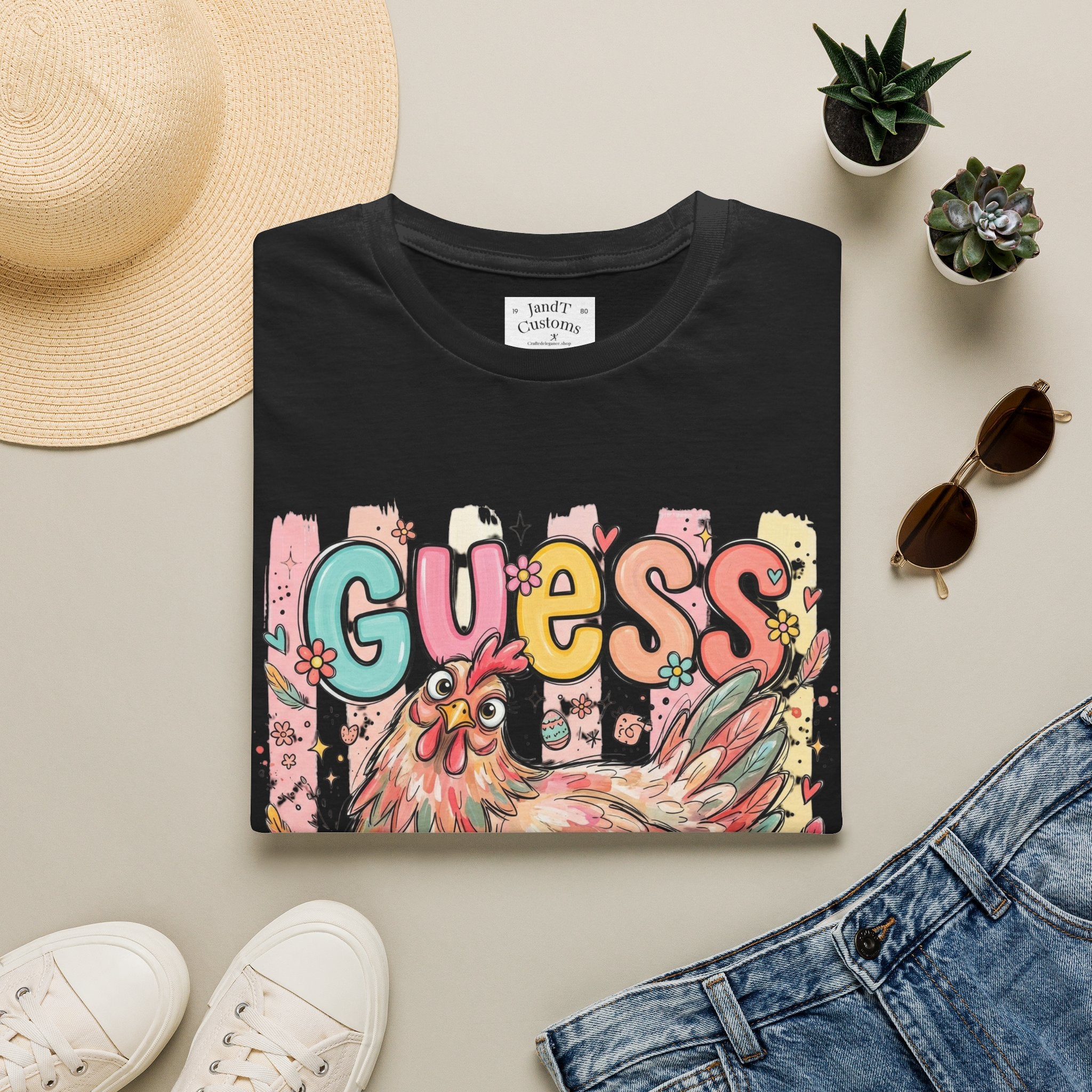 Guess What? Colorful Rooster Graphic T-Shirt — Playful Farm Animal Tee
