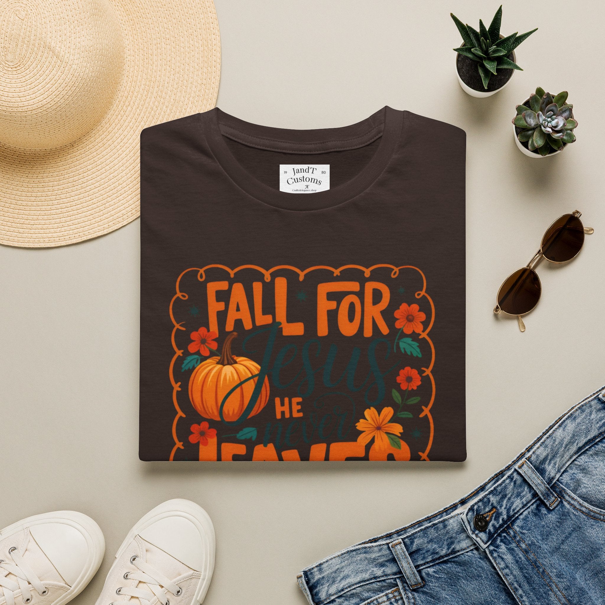 Fall For Jesus T-Shirt — Christian Autumn Pumpkin Tee ("He Never Leaves")