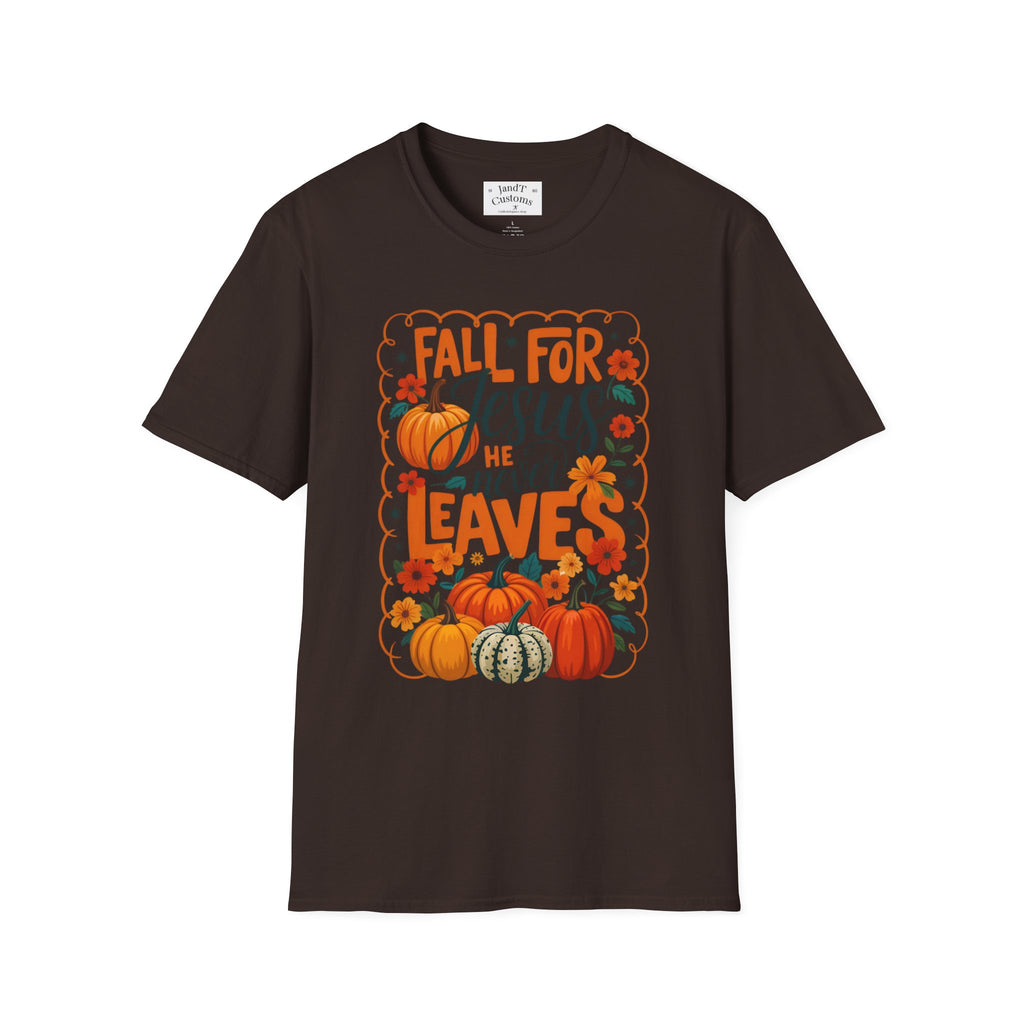 Fall For Jesus T-Shirt — Christian Autumn Pumpkin Tee ("He Never Leaves")