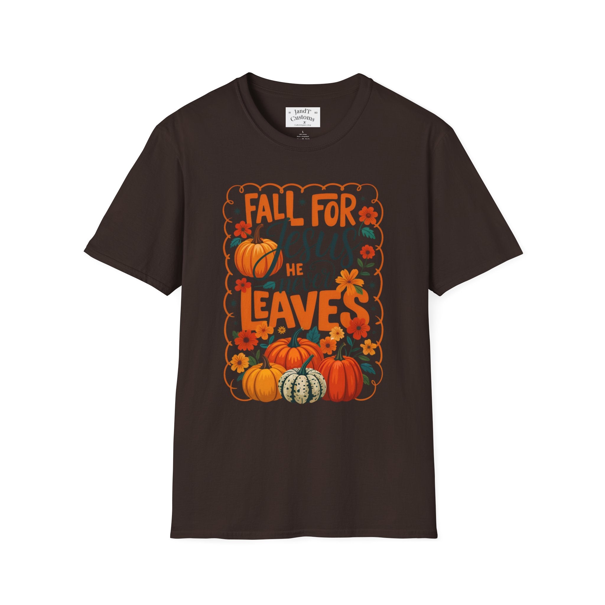 Fall For Jesus T-Shirt — Christian Autumn Pumpkin Tee ("He Never Leaves")