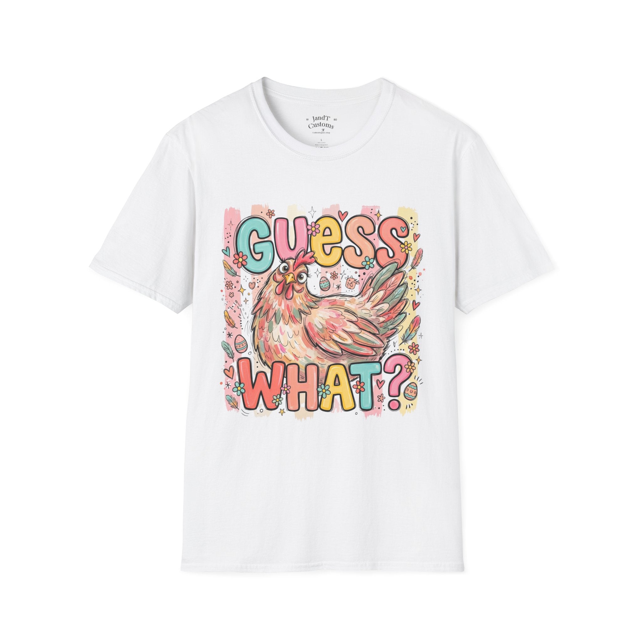 Guess What? Colorful Rooster Graphic T-Shirt — Playful Farm Animal Tee