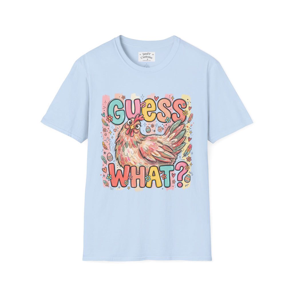 Guess What? Colorful Rooster Graphic T-Shirt — Playful Farm Animal Tee