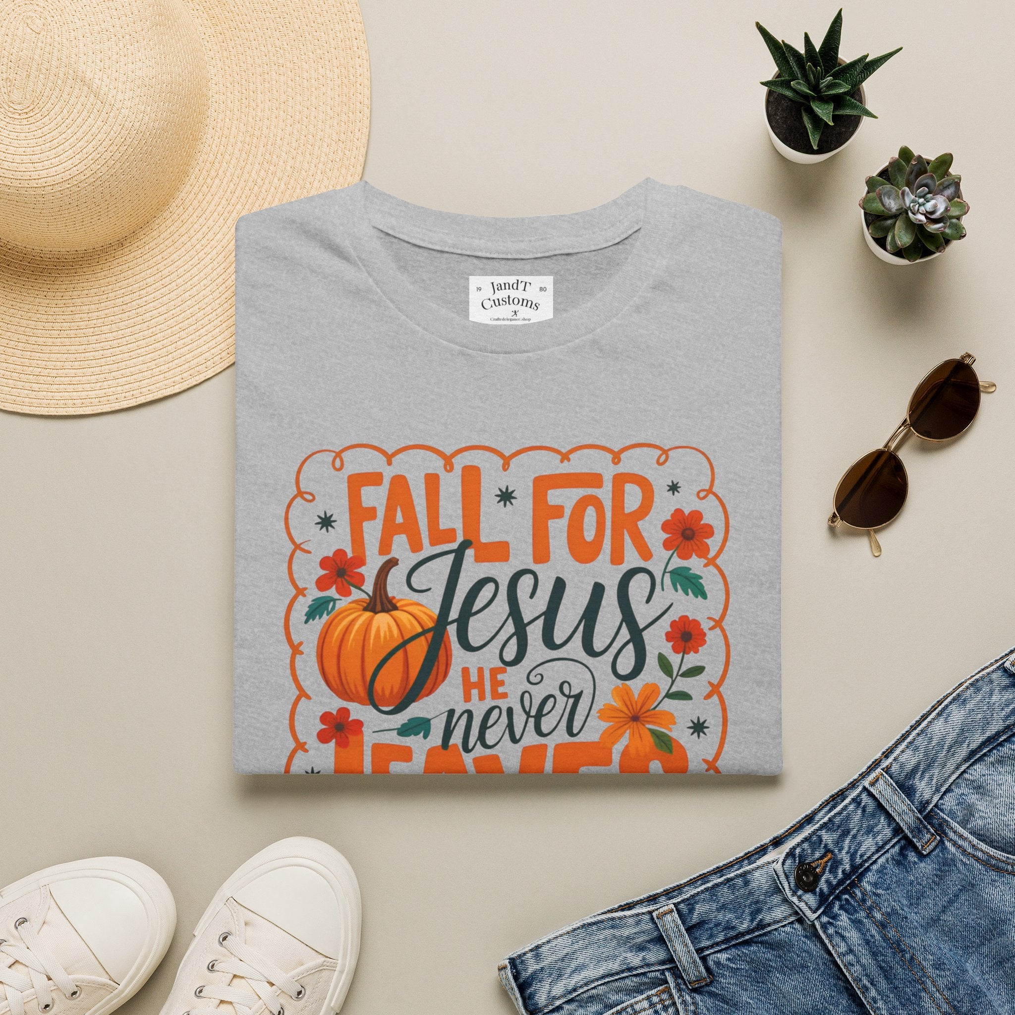 Fall For Jesus T-Shirt — Christian Autumn Pumpkin Tee ("He Never Leaves")