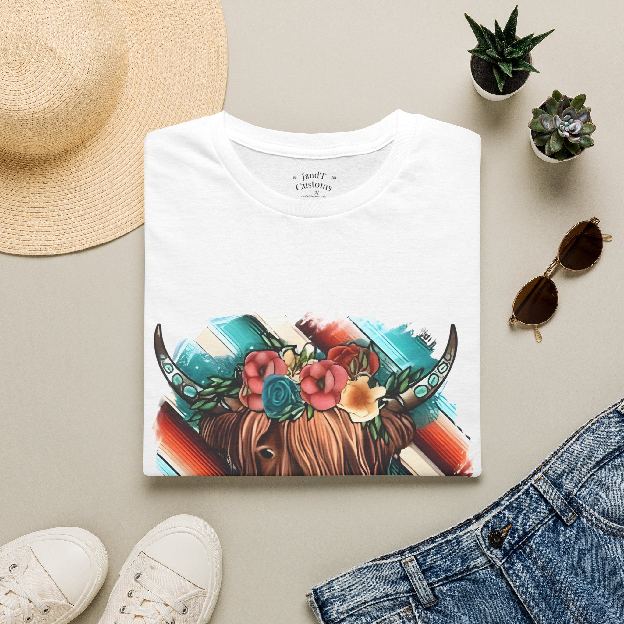 Floral Highland Cow T-Shirt — Boho Cow With Flower Crown Graphic Tee