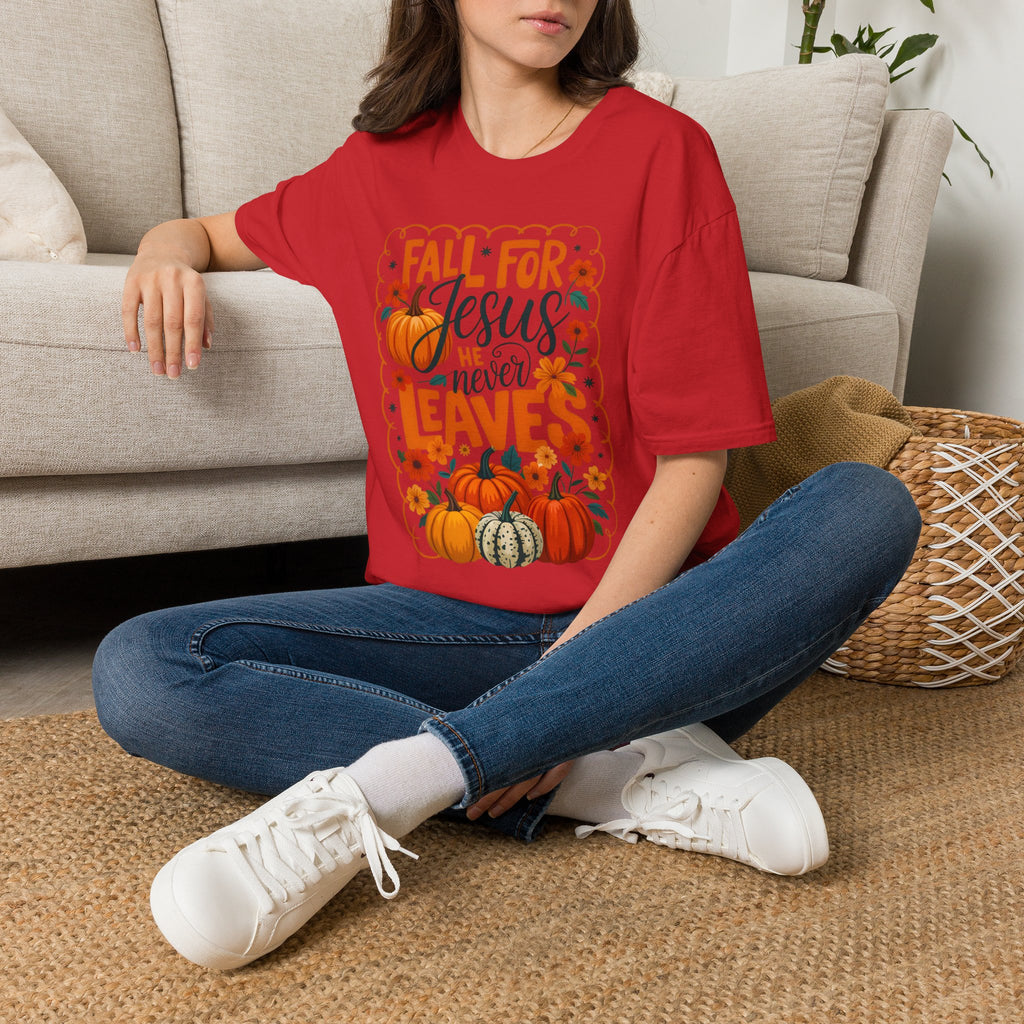 Fall For Jesus T-Shirt — Christian Autumn Pumpkin Tee ("He Never Leaves")