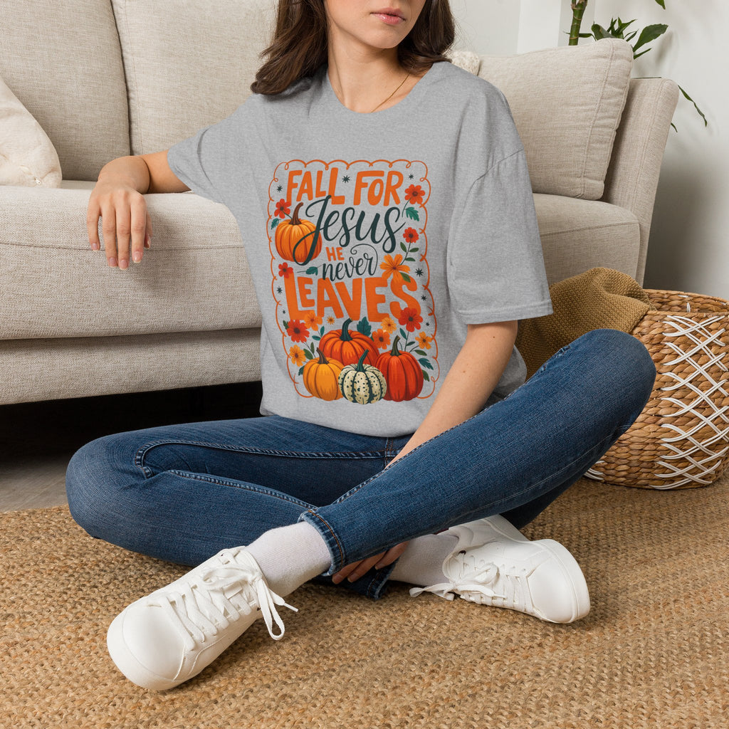 Fall For Jesus T-Shirt — Christian Autumn Pumpkin Tee ("He Never Leaves")