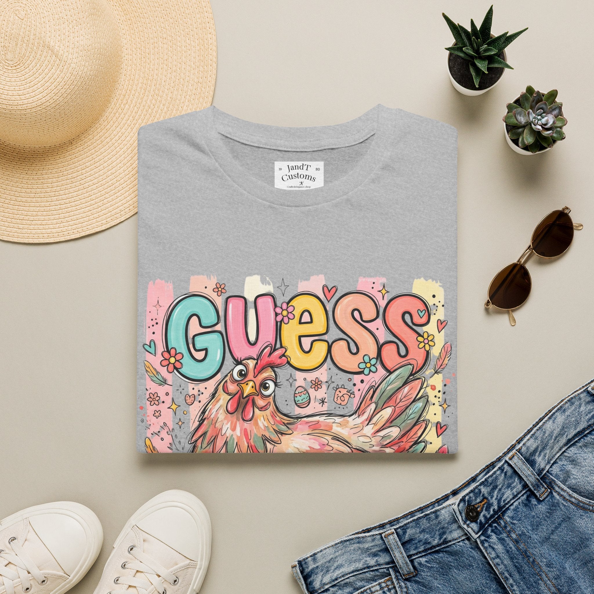 Guess What? Colorful Rooster Graphic T-Shirt — Playful Farm Animal Tee