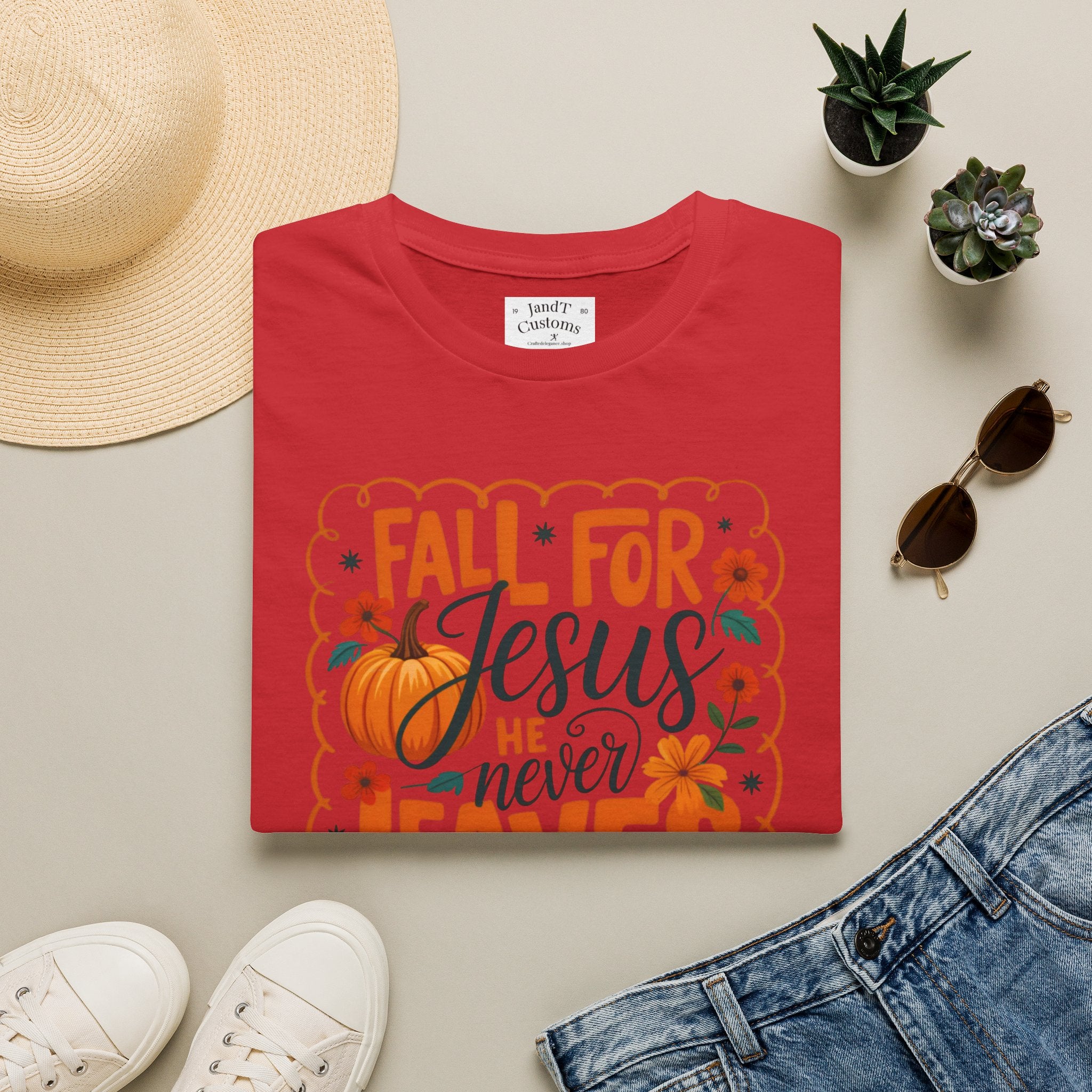 Fall For Jesus T-Shirt — Christian Autumn Pumpkin Tee ("He Never Leaves")
