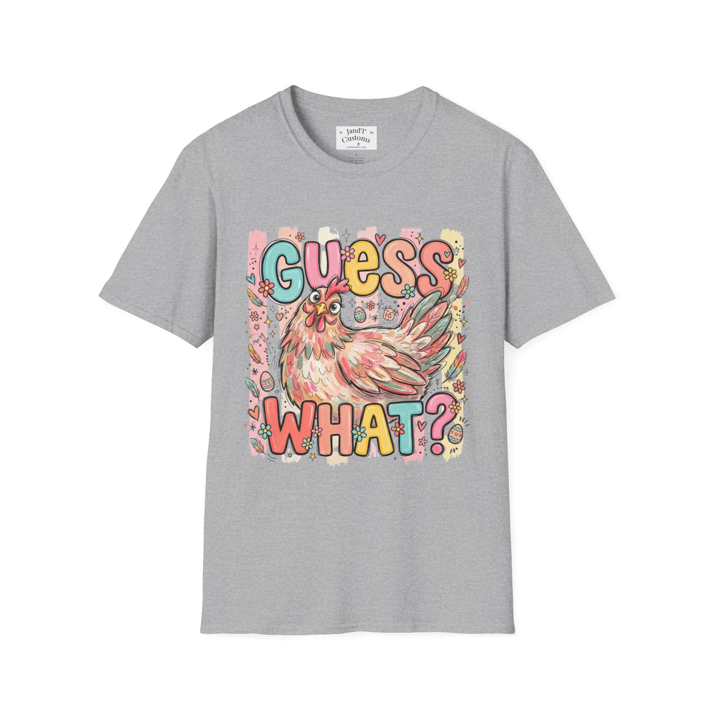 Guess What? Colorful Rooster Graphic T-Shirt — Playful Farm Animal Tee