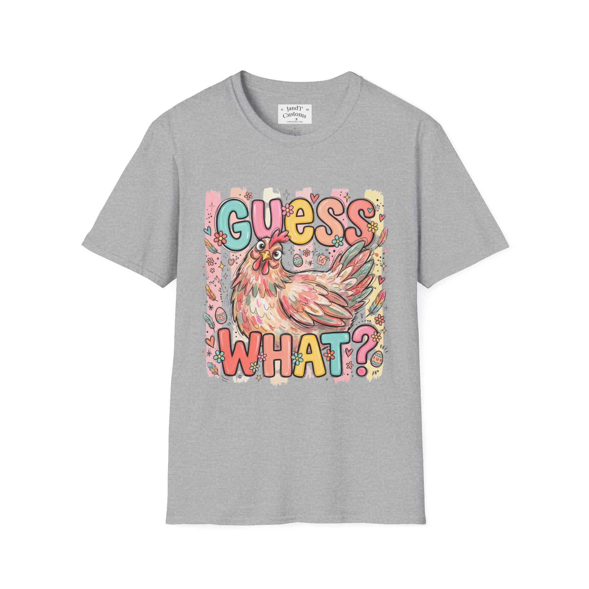 Guess What? Colorful Rooster Graphic T-Shirt — Playful Farm Animal Tee