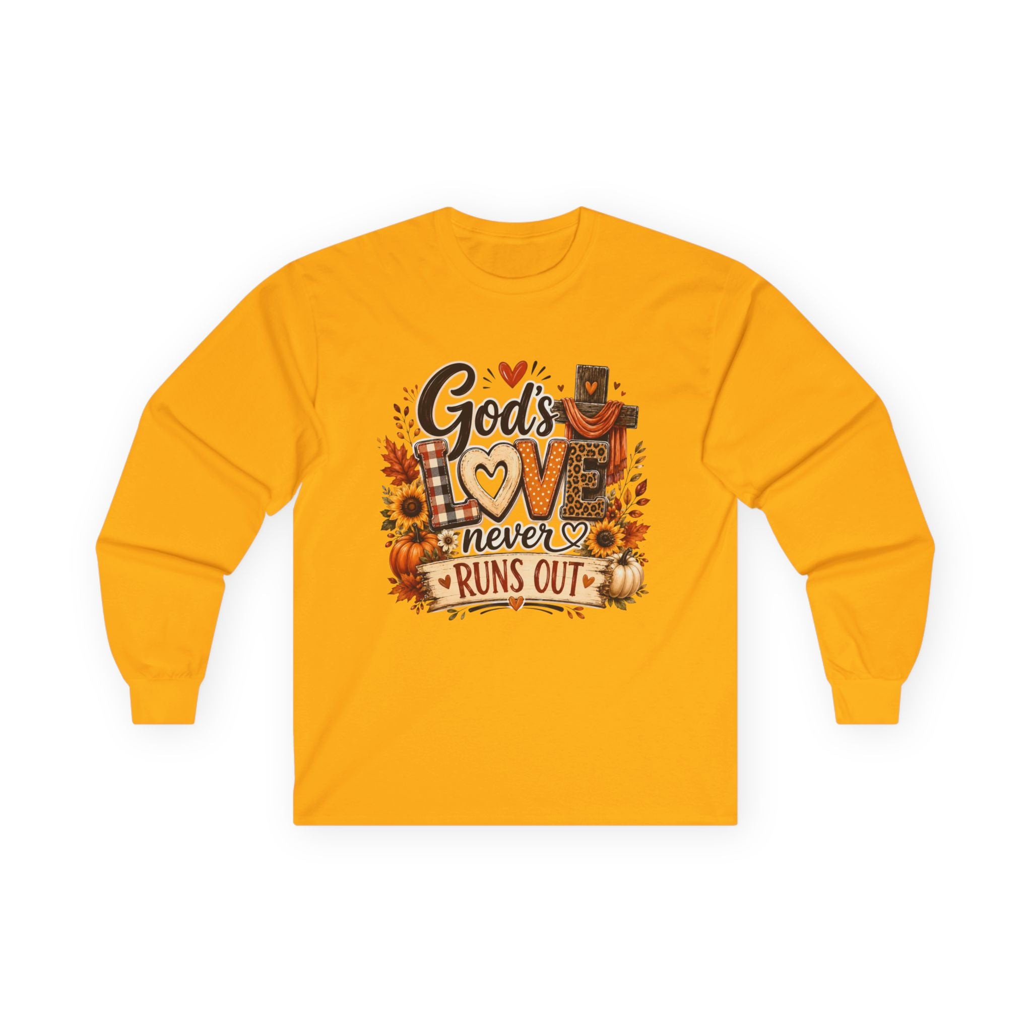 God's Love Never Runs Out Long Sleeve Tee — Fall Christian Thanksgiving Shirt