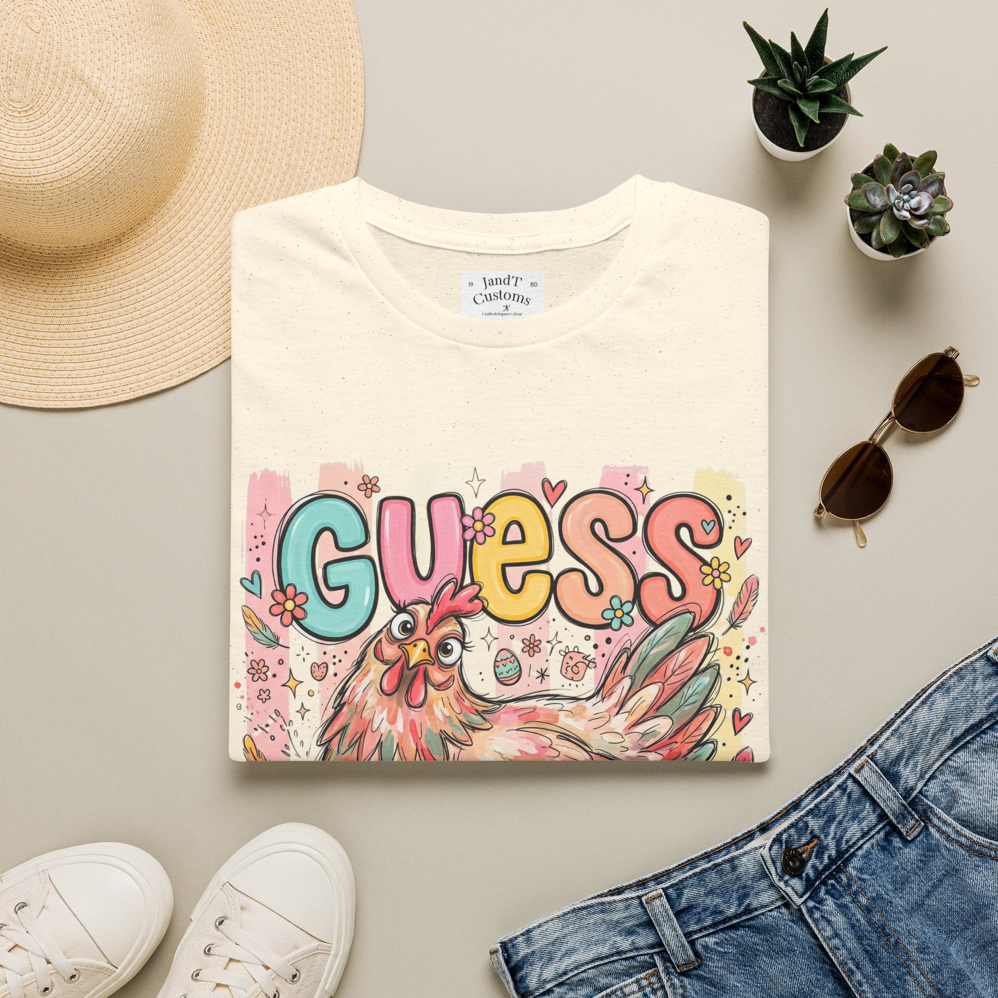 Guess What? Colorful Rooster Graphic T-Shirt — Playful Farm Animal Tee