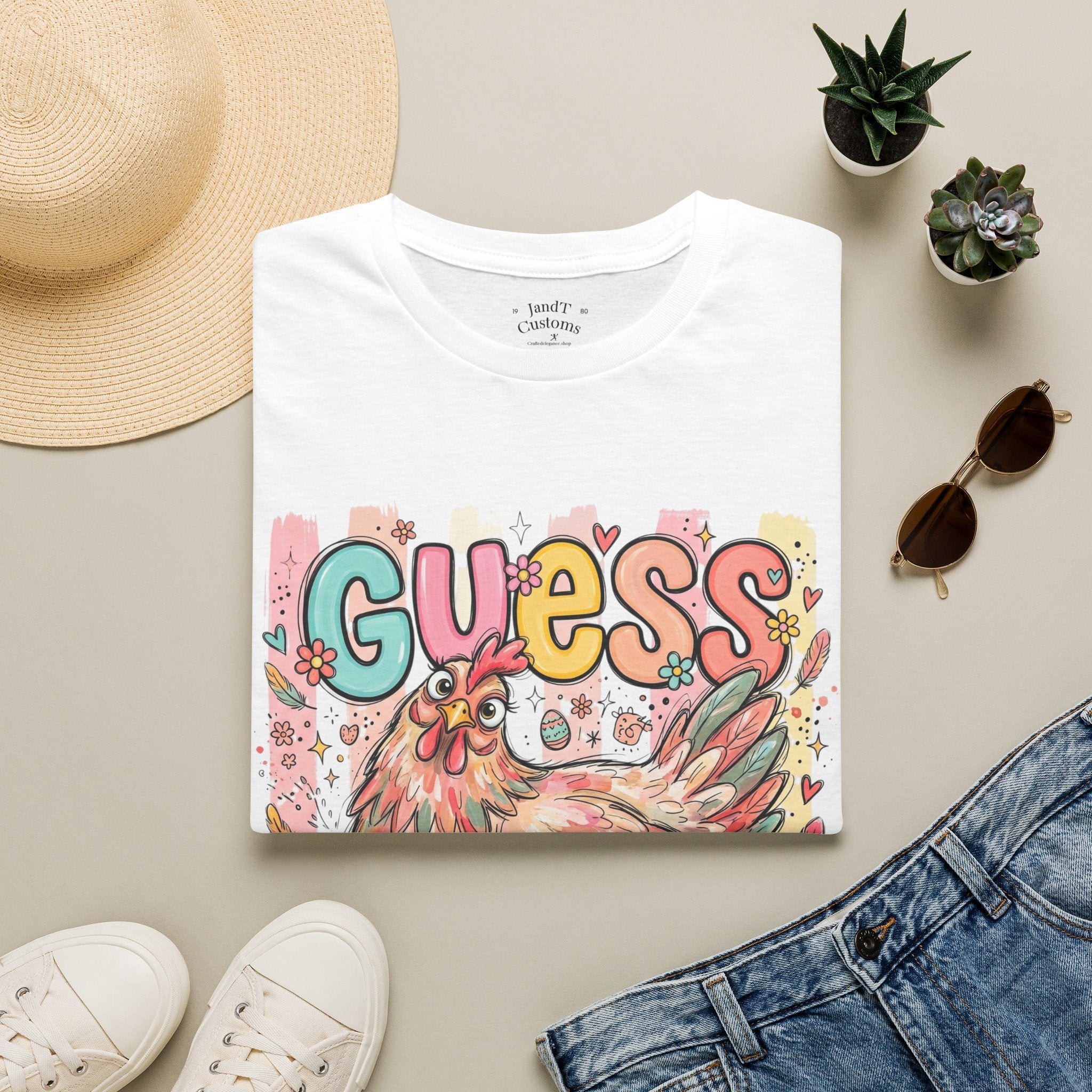 Guess What? Colorful Rooster Graphic T-Shirt — Playful Farm Animal Tee