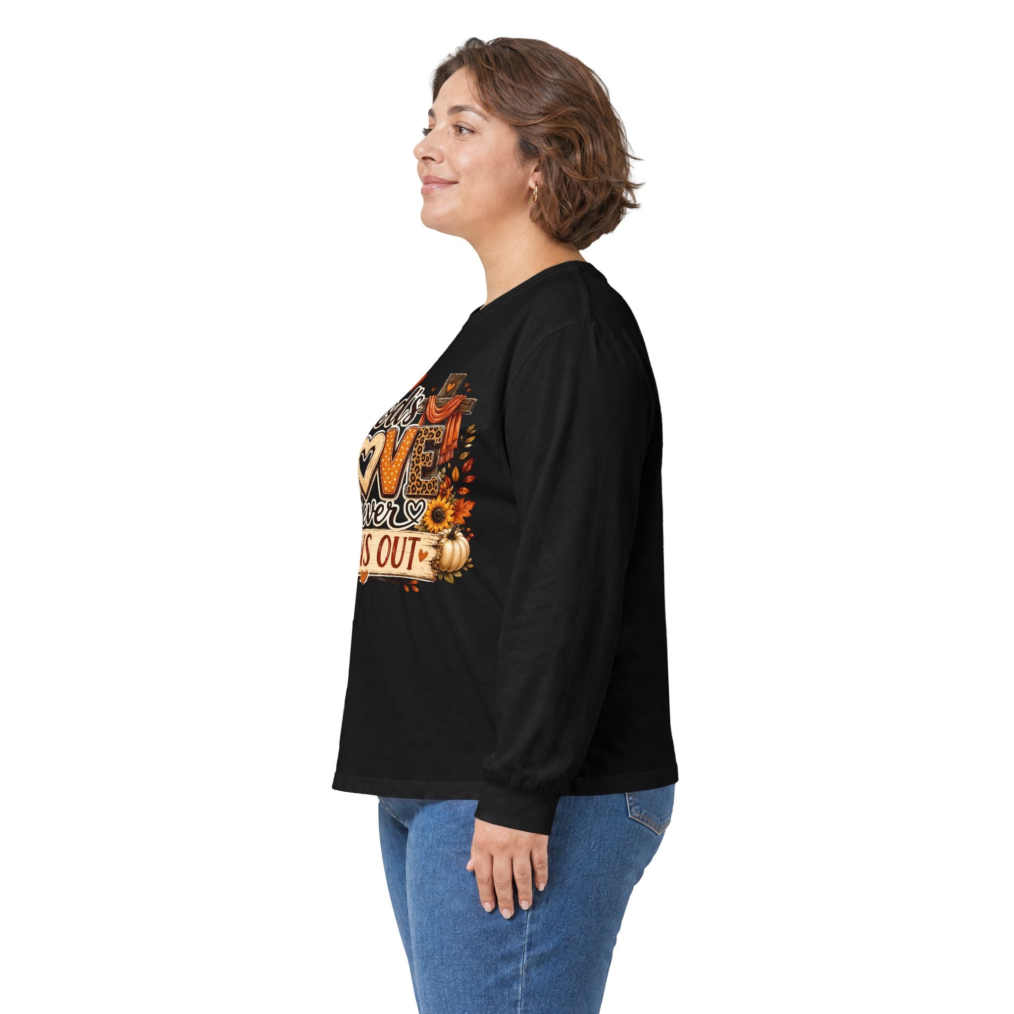 God's Love Never Runs Out Long Sleeve Tee — Fall Christian Thanksgiving Shirt