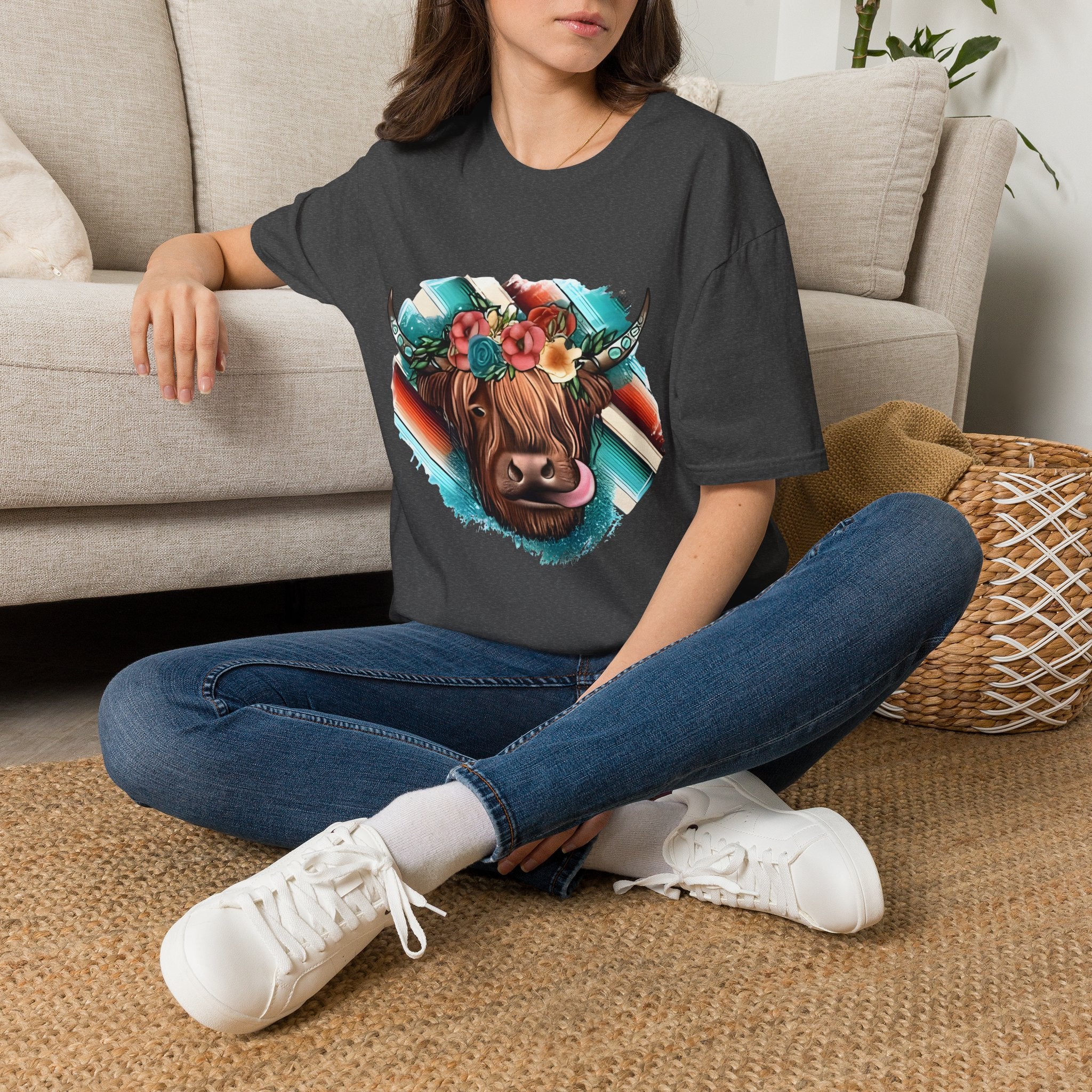Floral Highland Cow T-Shirt — Boho Cow With Flower Crown Graphic Tee