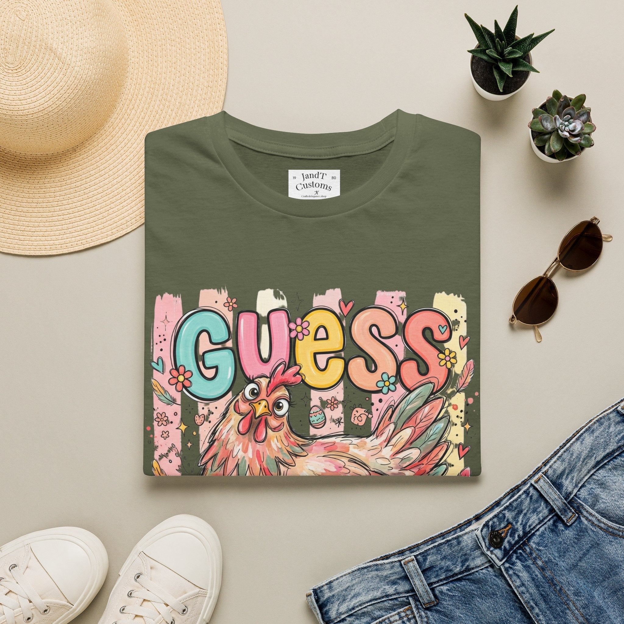 Guess What? Colorful Rooster Graphic T-Shirt — Playful Farm Animal Tee