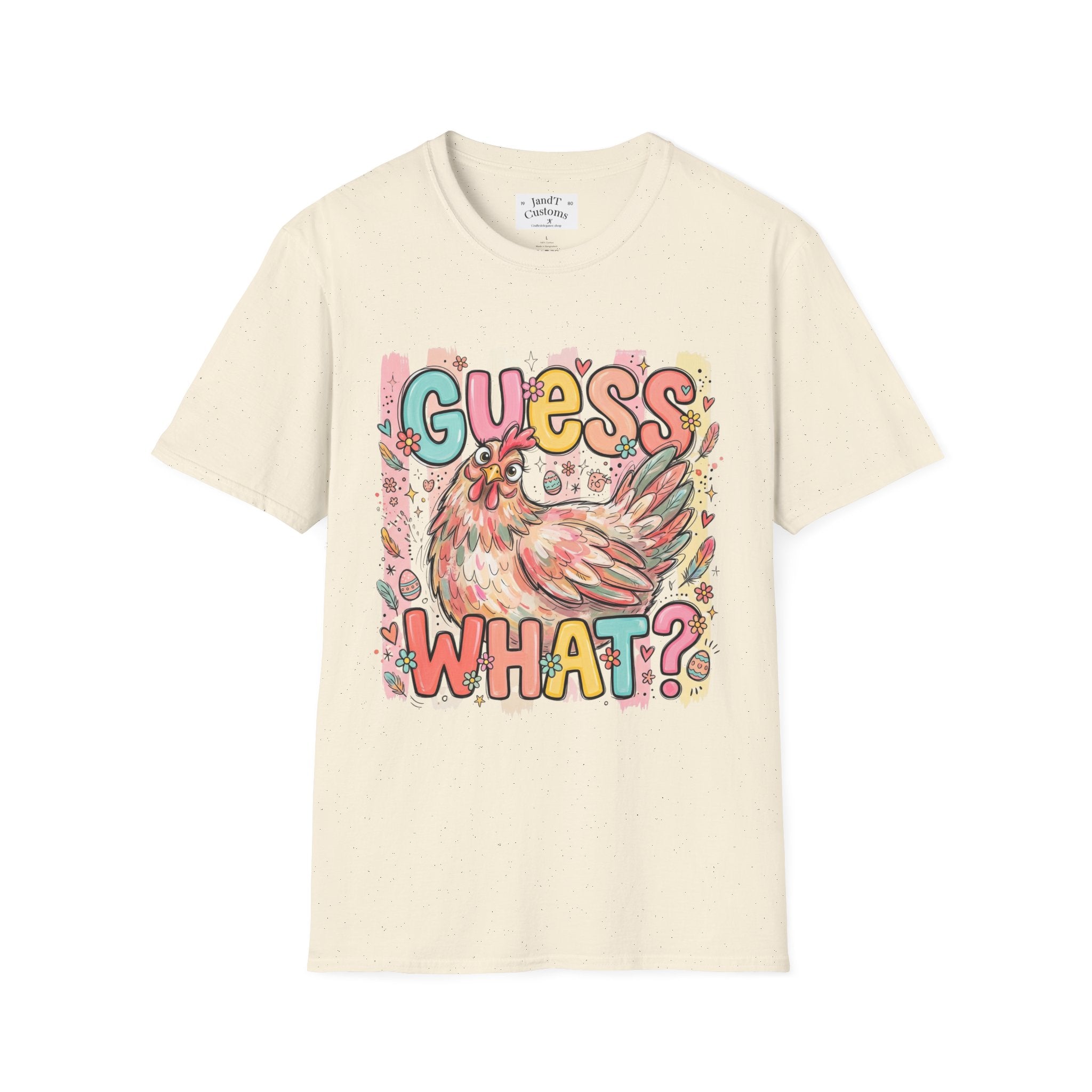 Guess What? Colorful Rooster Graphic T-Shirt — Playful Farm Animal Tee