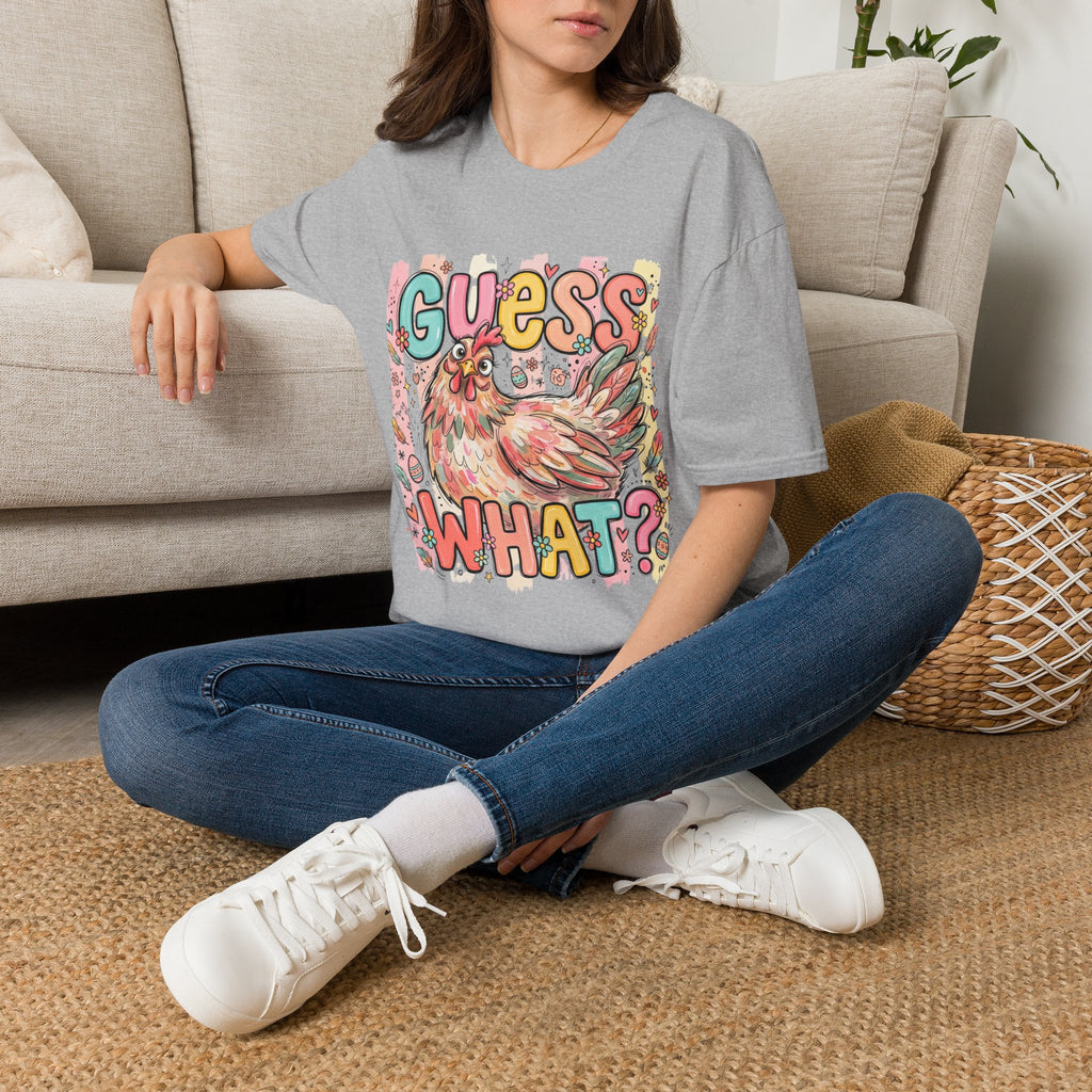 Guess What? Colorful Rooster Graphic T-Shirt — Playful Farm Animal Tee