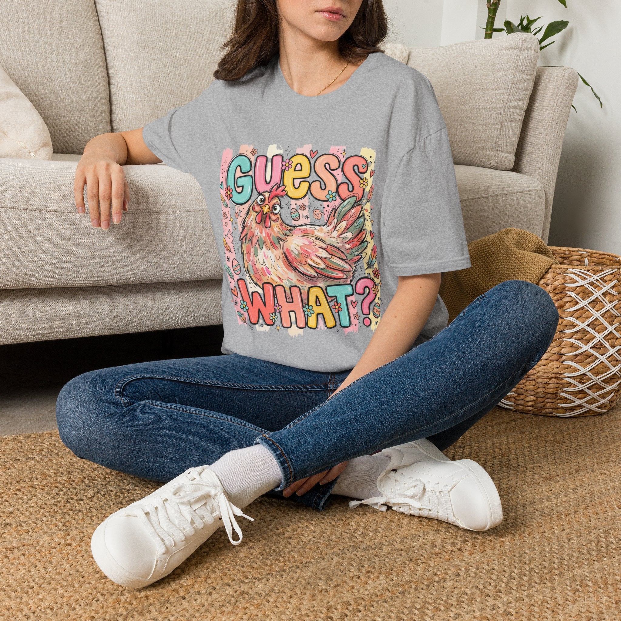 Guess What? Colorful Rooster Graphic T-Shirt — Playful Farm Animal Tee
